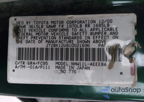 2001 Toyota Prius z USA, uszkodzony, nr VIN JT2BK12U810021696